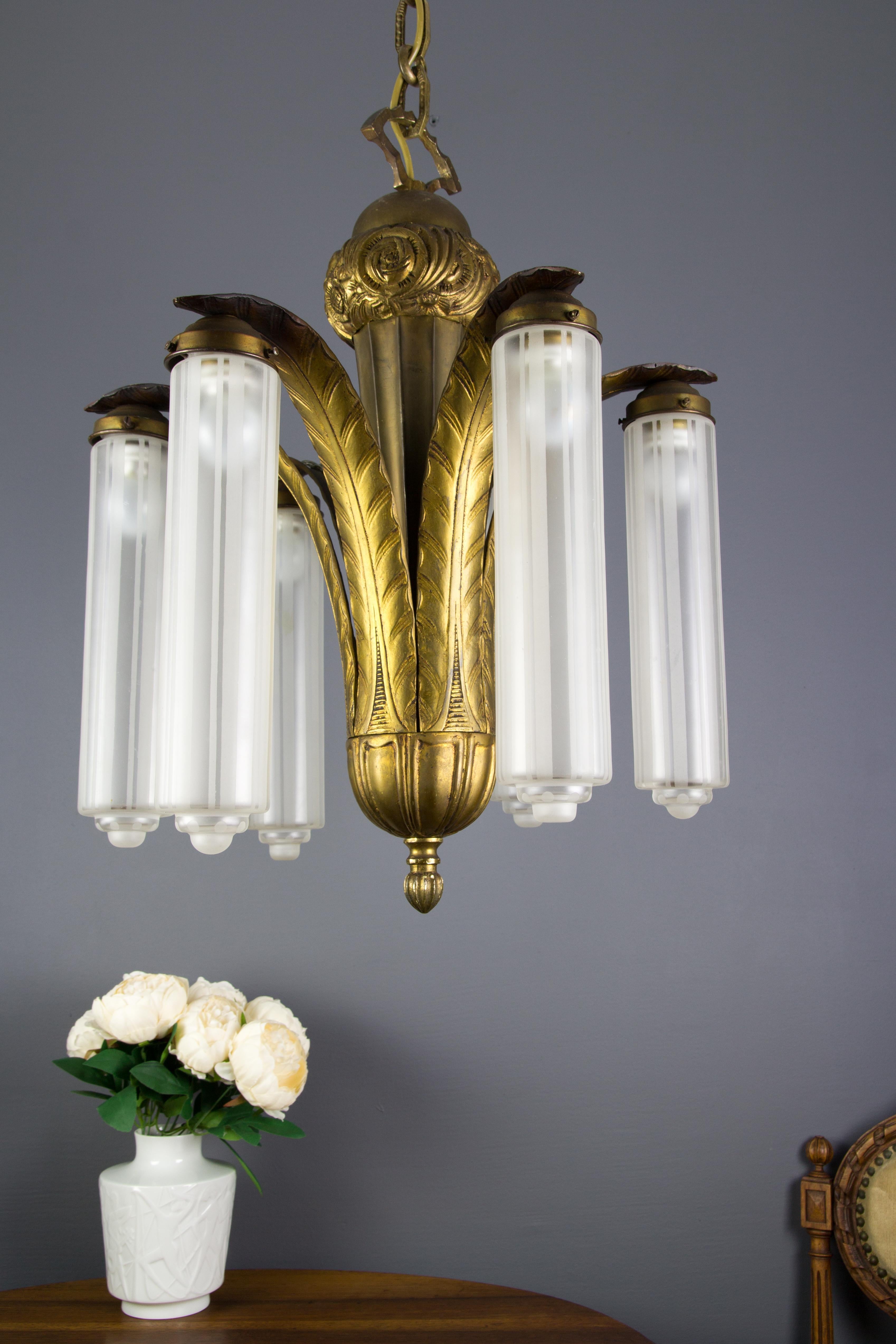 Art Deco Bronze and Glass Six-Light Chandelier 6