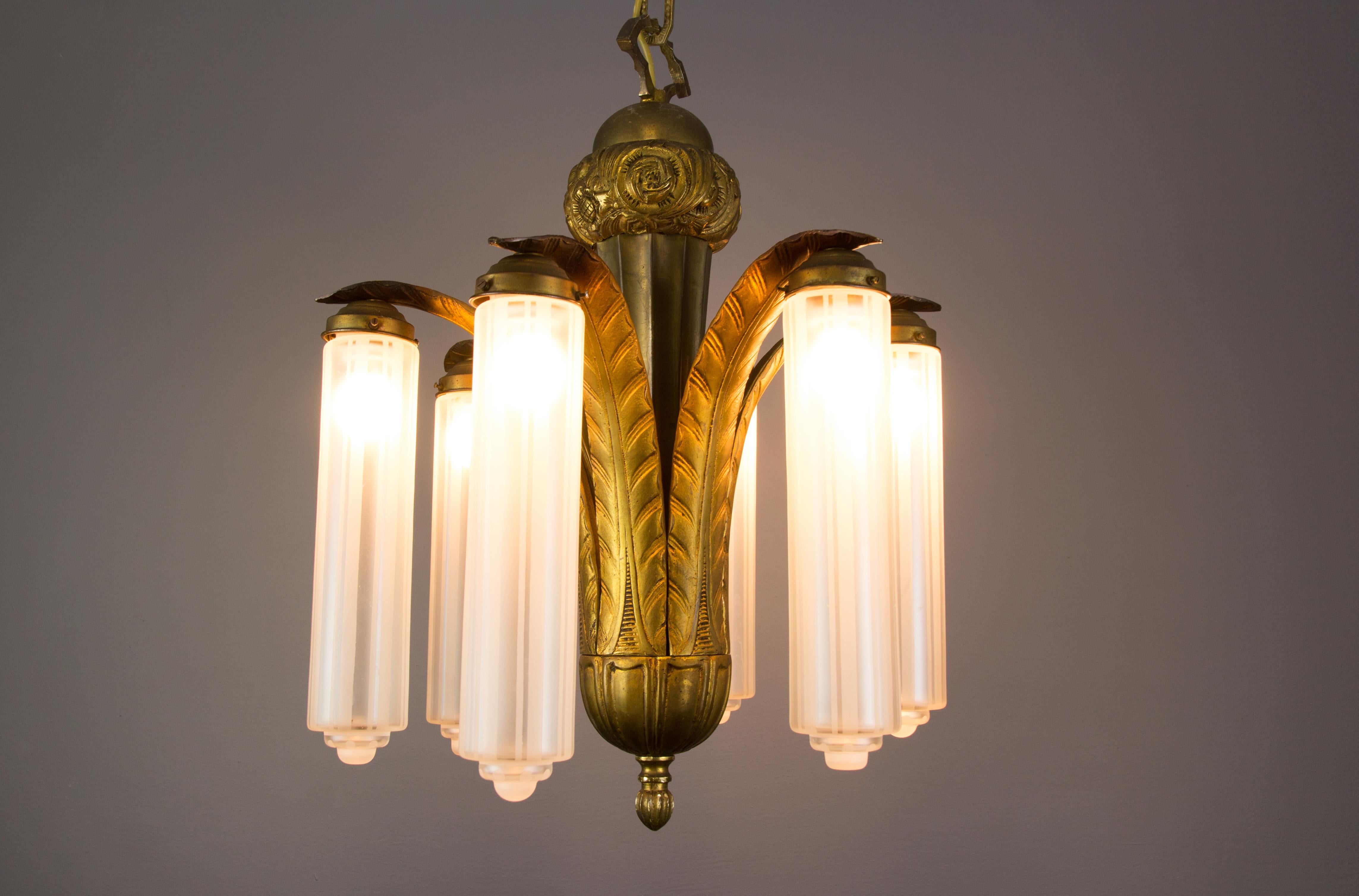French Art Deco Bronze and Glass Six-Light Chandelier