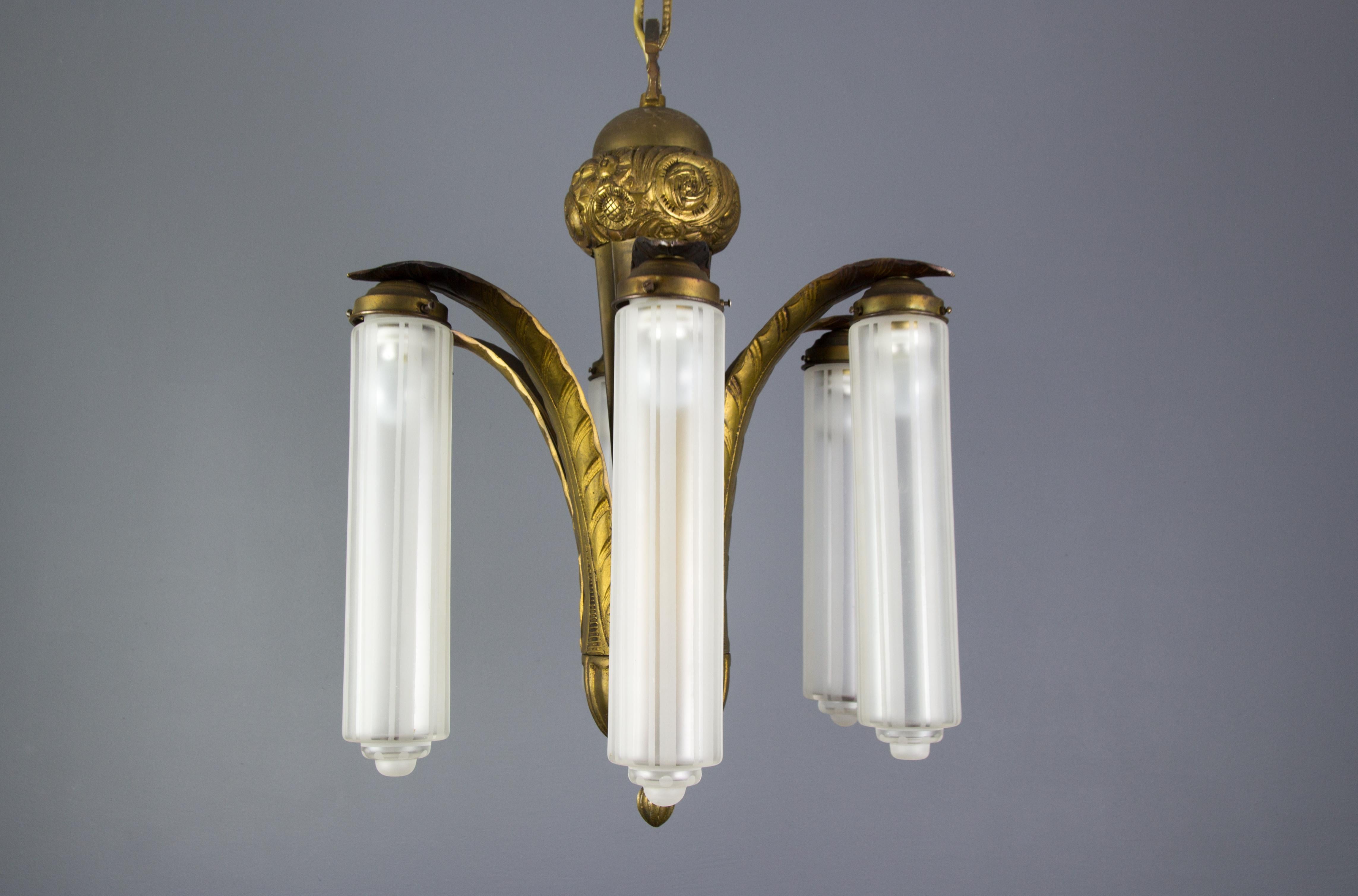 Frosted Art Deco Bronze and Glass Six-Light Chandelier
