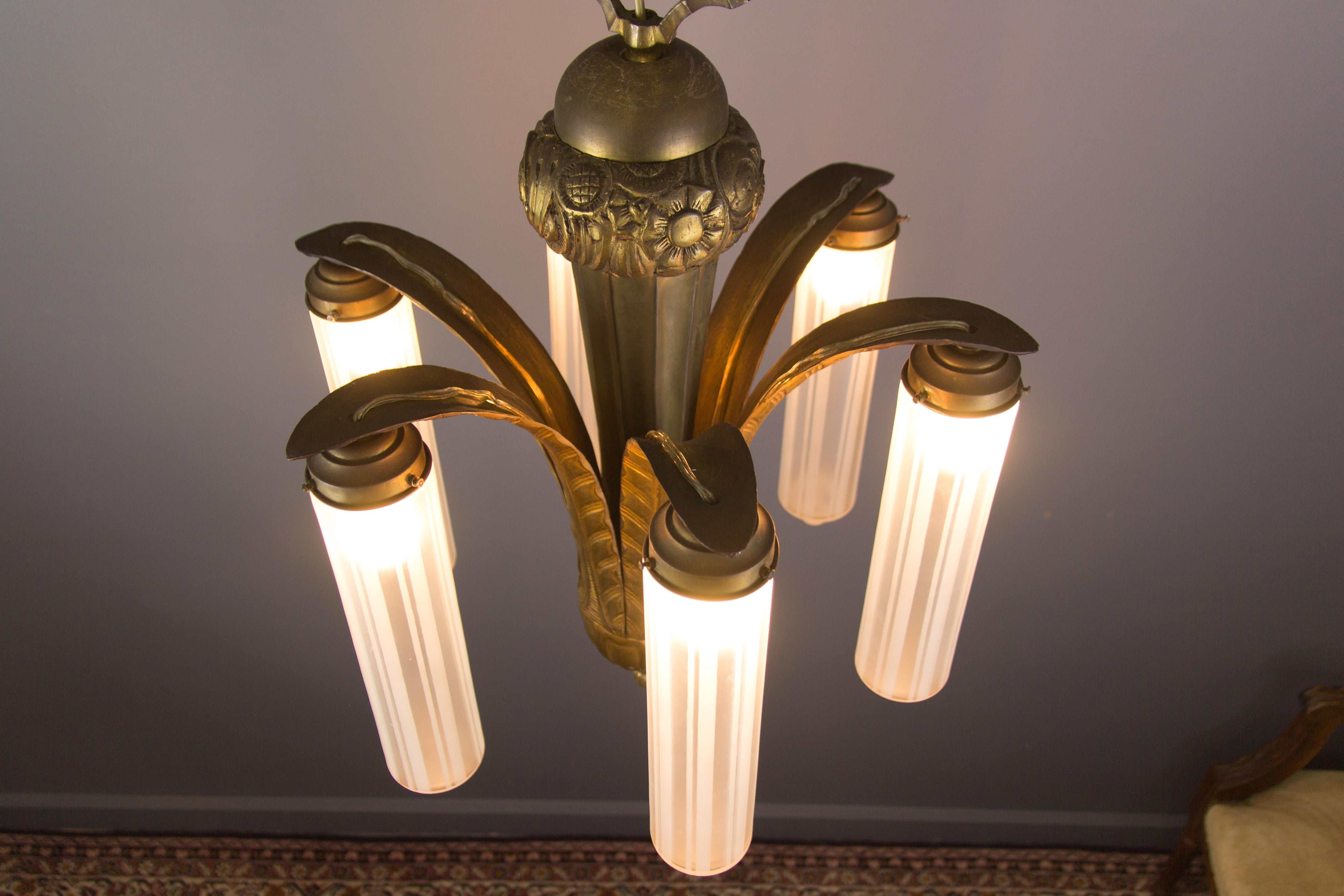 Art Deco Bronze and Glass Six-Light Chandelier In Good Condition In Barntrup, DE