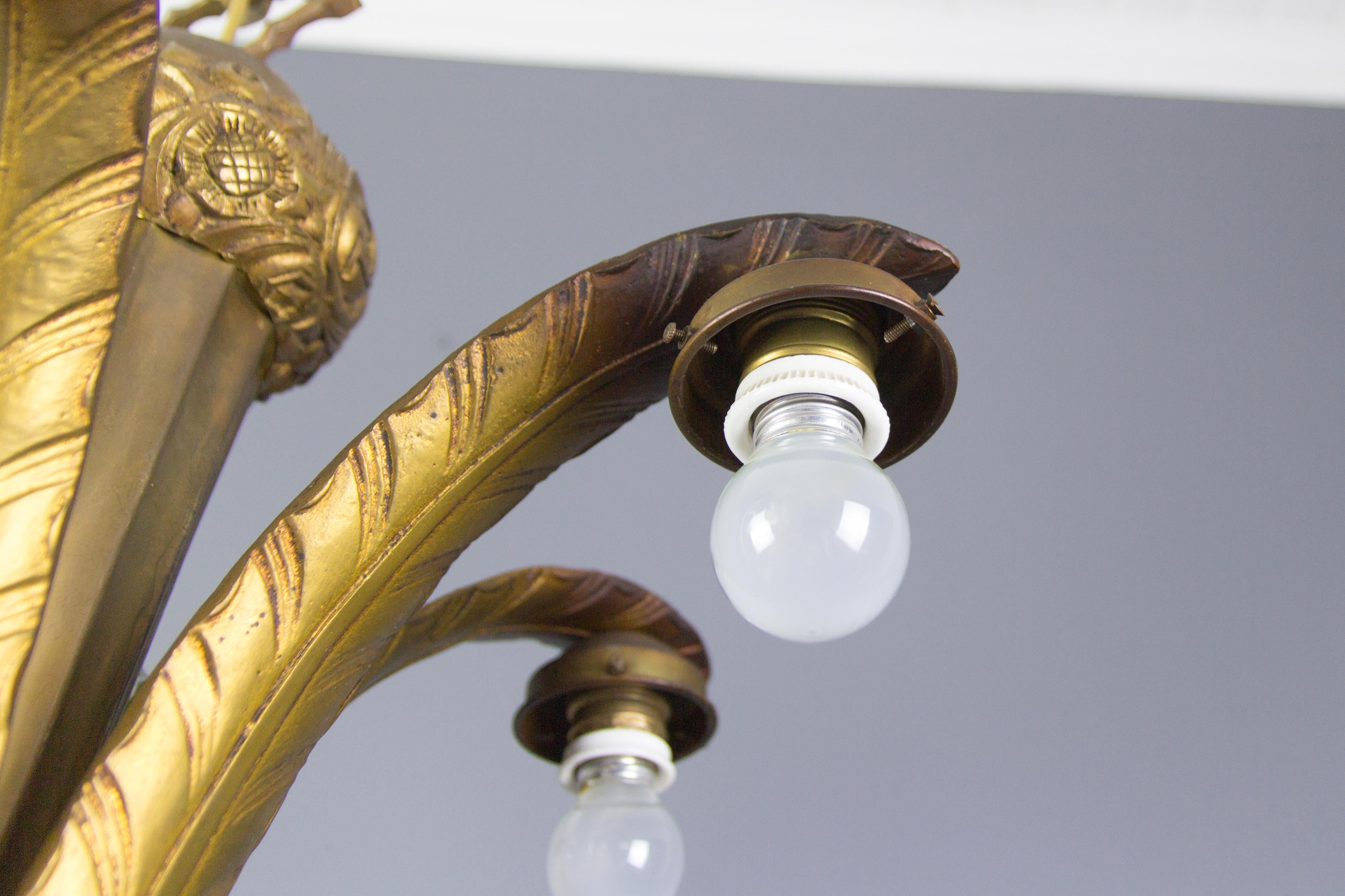 Art Deco Bronze and Glass Six-Light Chandelier 8