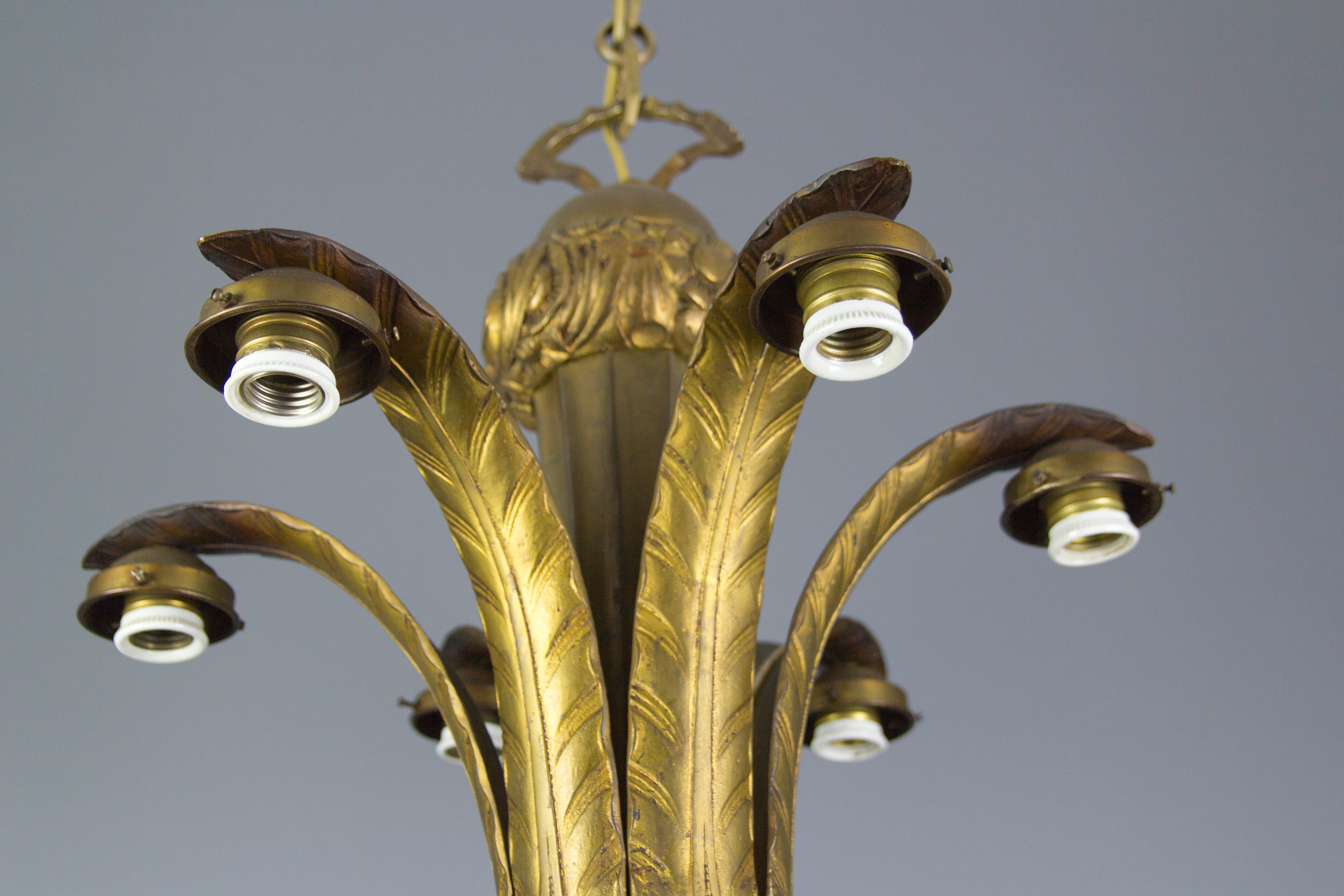 Art Deco Bronze and Glass Six-Light Chandelier 7