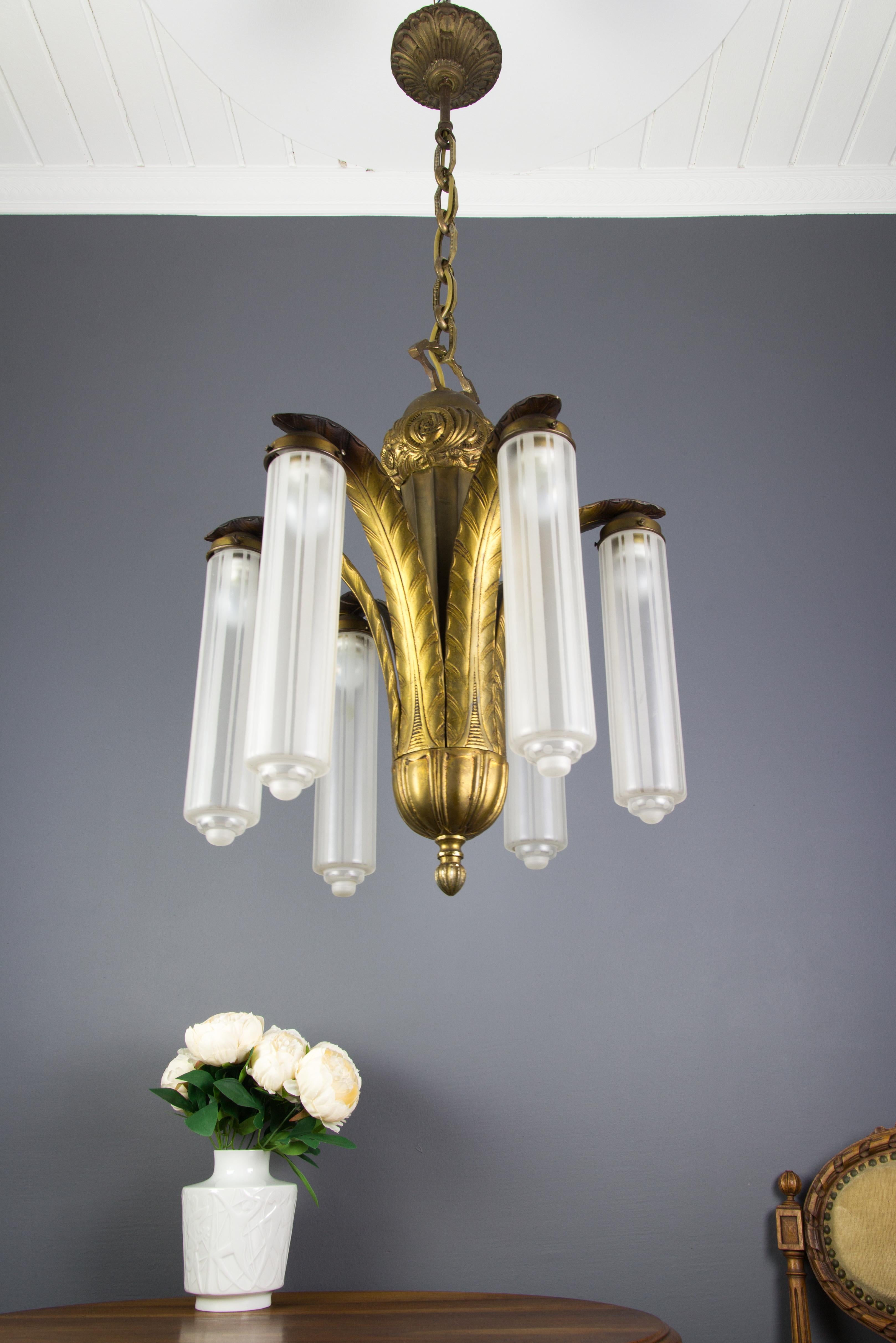 Art Deco Bronze and Glass Six-Light Chandelier 5