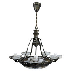 Art Deco Alabaster and Bronze Six-Light Chandelier, Sculptural Design, 1920
