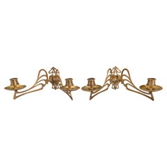 Pair of French Art Nouveau Brass Two-Light Wall Candle Sconces, circa 1920