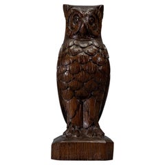 German Art Deco Style Carved Oak Owl Sculpture, 1930s