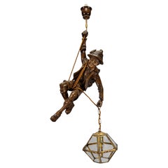 German Carved Linden Wood Mountaineer Pendant Light with Lantern, 1950s