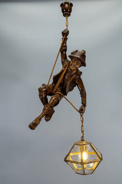 German Carved Linden Wood Mountaineer Pendant Light with Lantern, 1950s