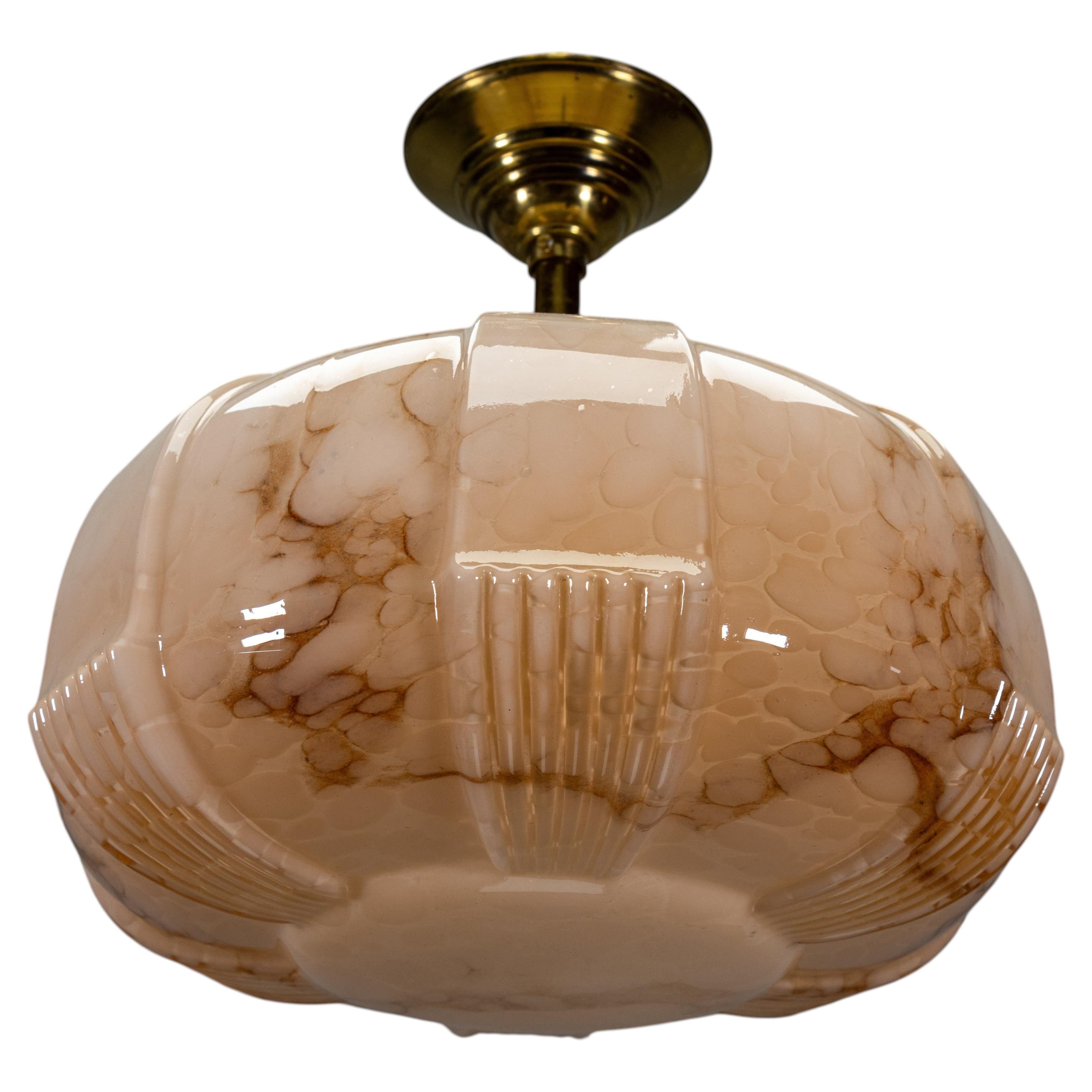 German Art Deco Blush Pink Marbled Glass and Brass Ceiling Light, 1930s