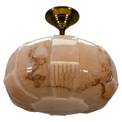 German Art Deco Blush Pink Marbled Glass and Brass Ceiling Light, 1930s