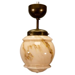 German Art Deco Blush Pink Marbled Glass and Brass Ceiling Light, 1930s
