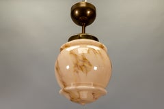 German Art Deco Blush Pink Marbled Glass and Brass Ceiling Light, 1930s