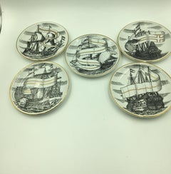 Set of Piero Fornasetti Velieri Tallship Porcelain Coasters with Original Box