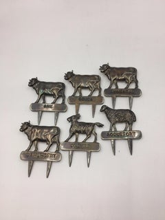 Set of 6 Flat Cheese Pins with Animals in Silver Plated