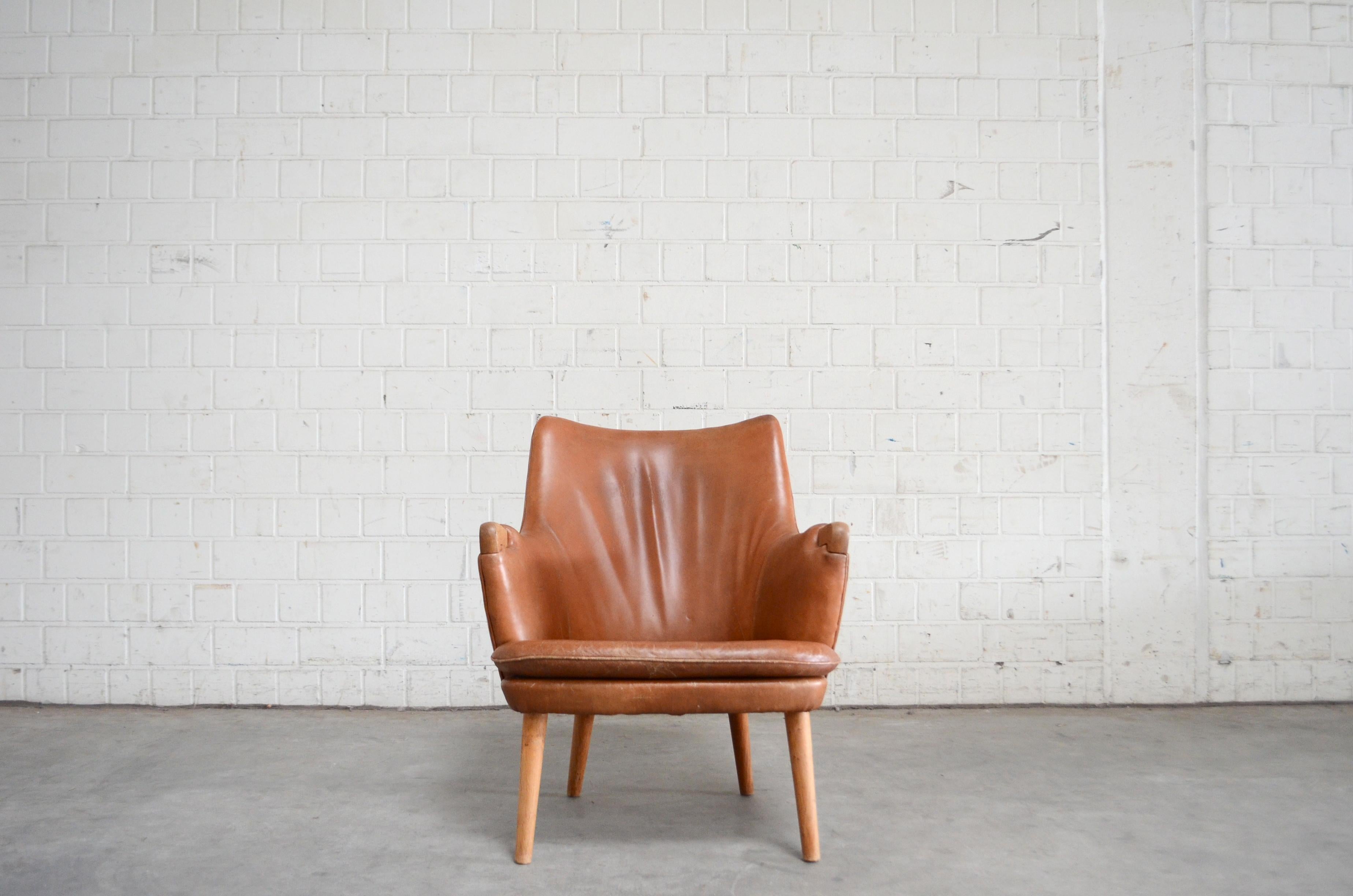 Danish Hans Wegner Cognac Leather Mini Bear Chair Lounge AP 20 for AP Stolen