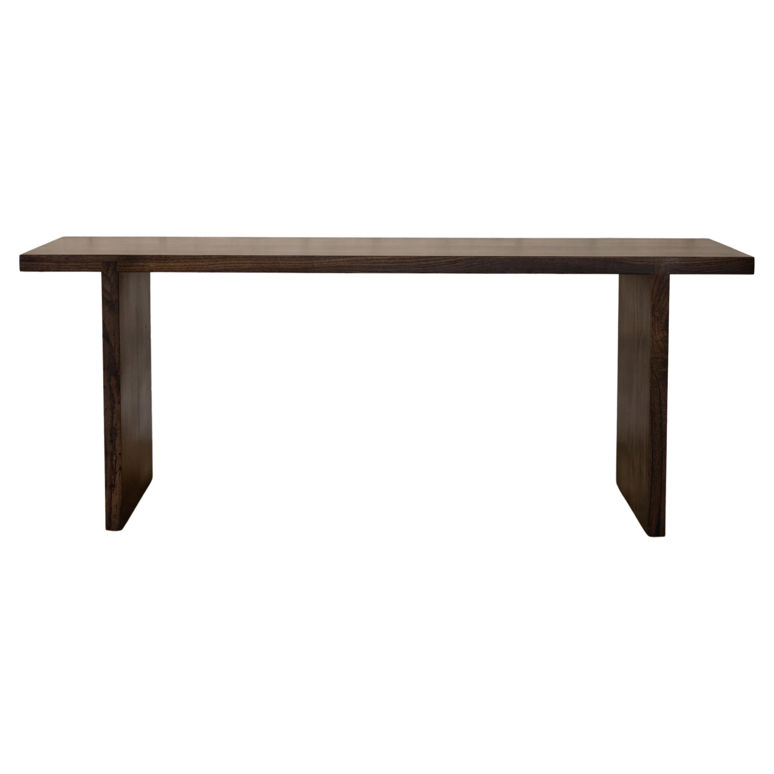 Asian Modern Style Sofa Table Dark Oak Stain, Tiny Shipping Dent + Crack For Sale