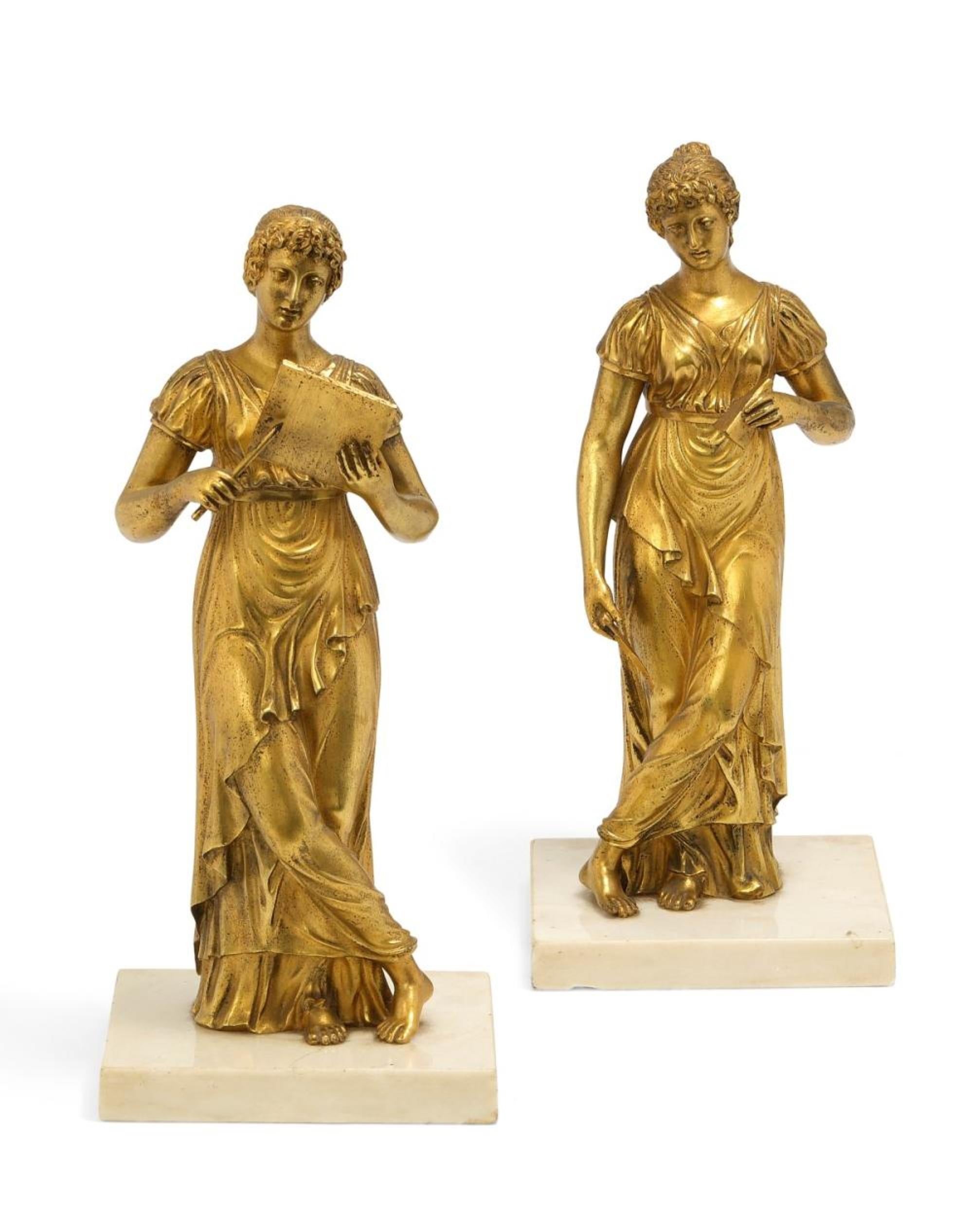 Coppia di figure femminili in bronzo dorato francese del XIX secolo Science & Art Decor in vendita 12
