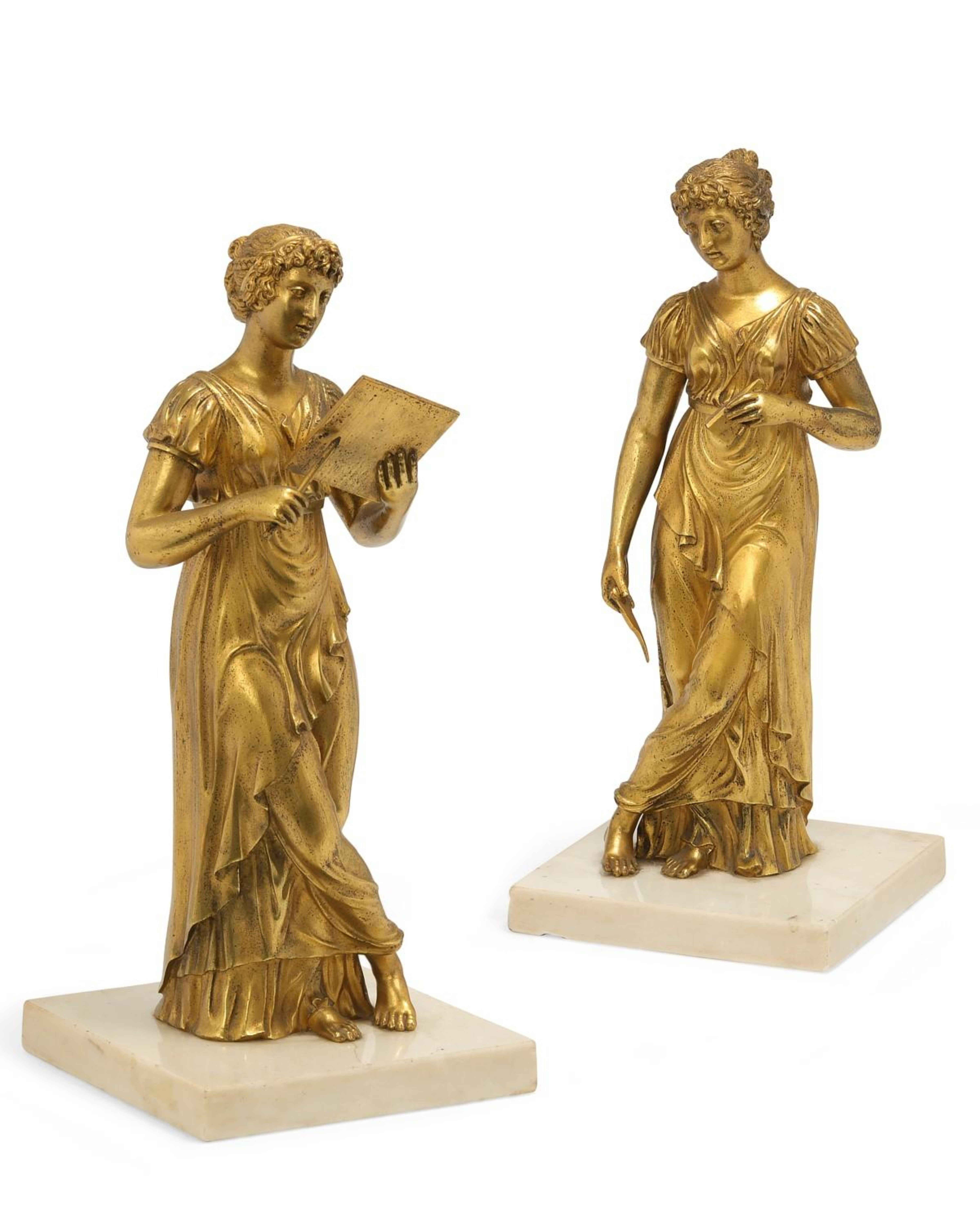 Coppia di figure femminili in bronzo dorato francese del XIX secolo Science & Art Decor in vendita 11