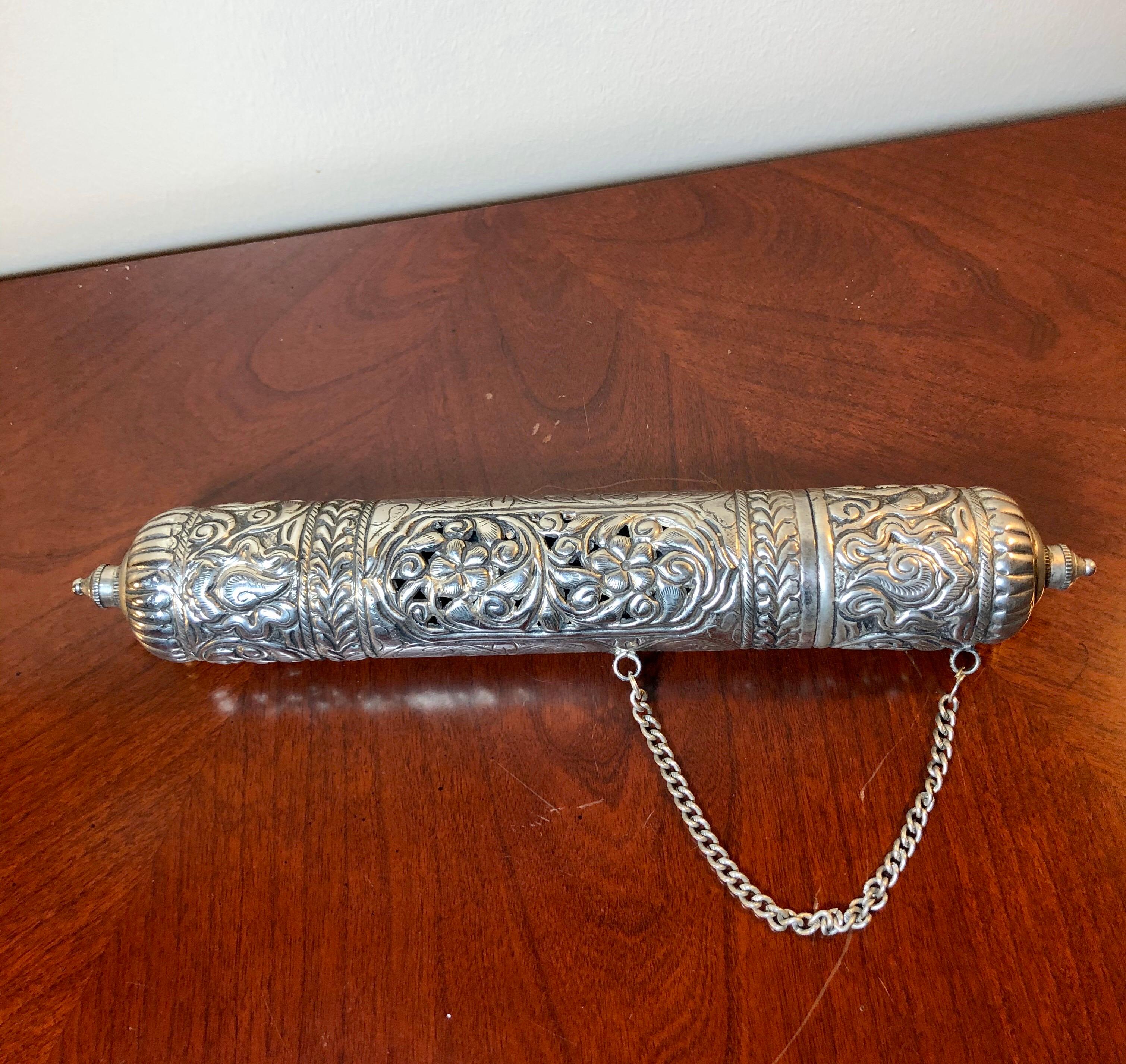 Mid-19th Century Ornate Silver Scroll Holder, Moroccan Jewish Judaica Antique For Sale 1