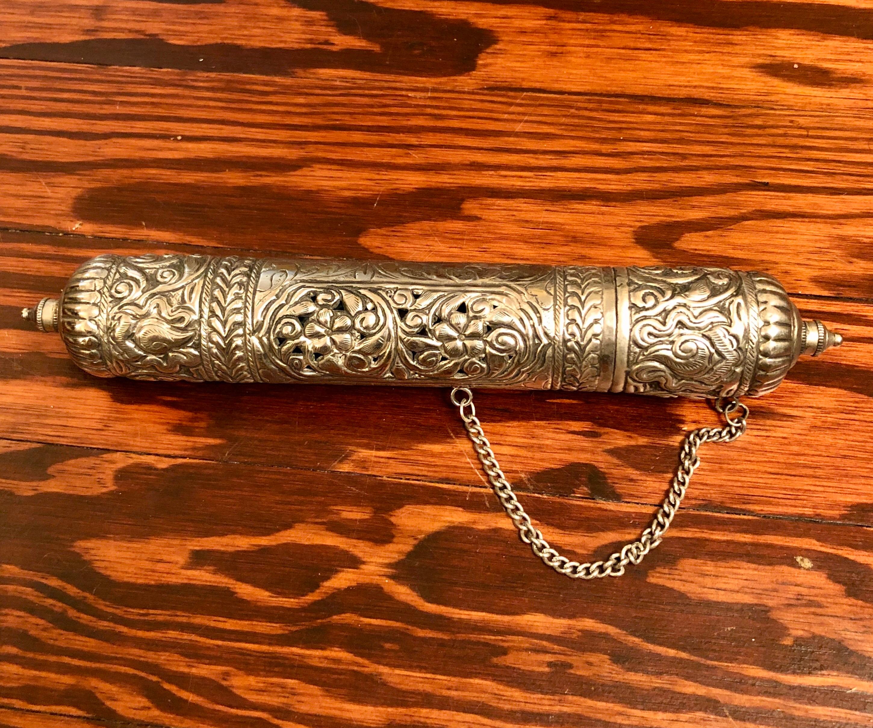 Mid-19th Century Ornate Silver Scroll Holder, Moroccan Jewish Judaica Antique For Sale 3