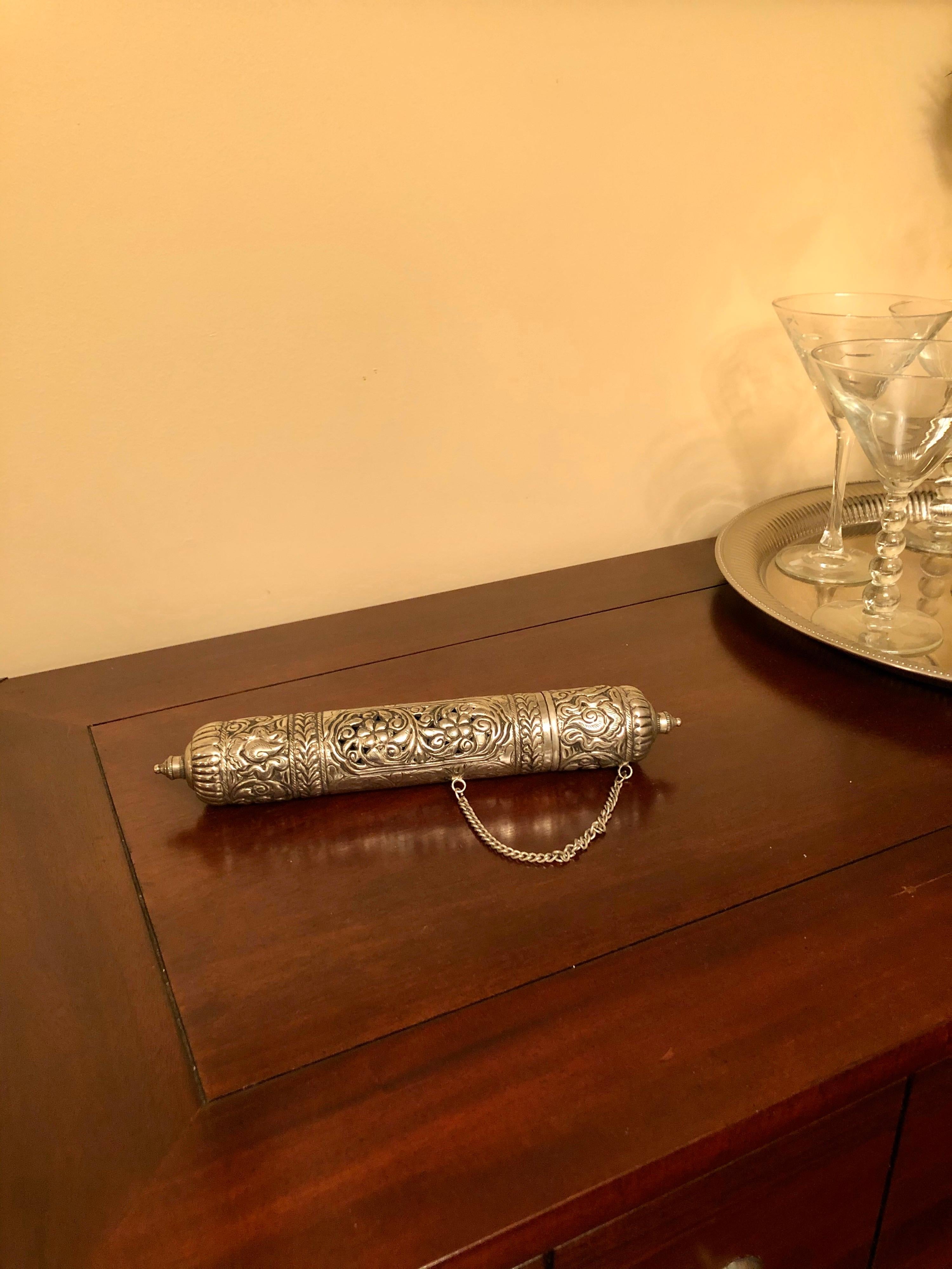 Mid-19th Century Ornate Silver Scroll Holder, Moroccan Jewish Judaica Antique For Sale 4