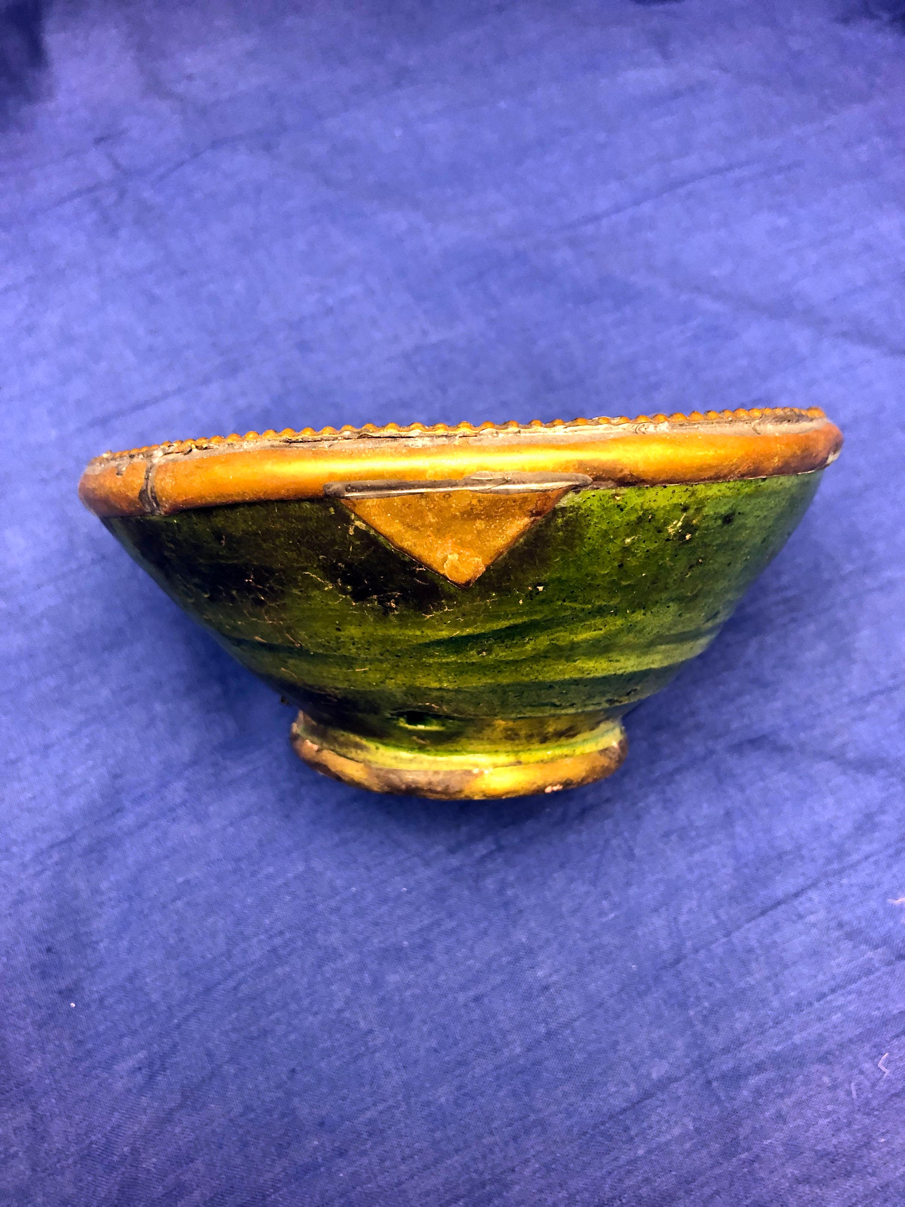 Fired Moroccan Green Pottery Bowl with Brass Rim Handmade in Tamegroute Morocco