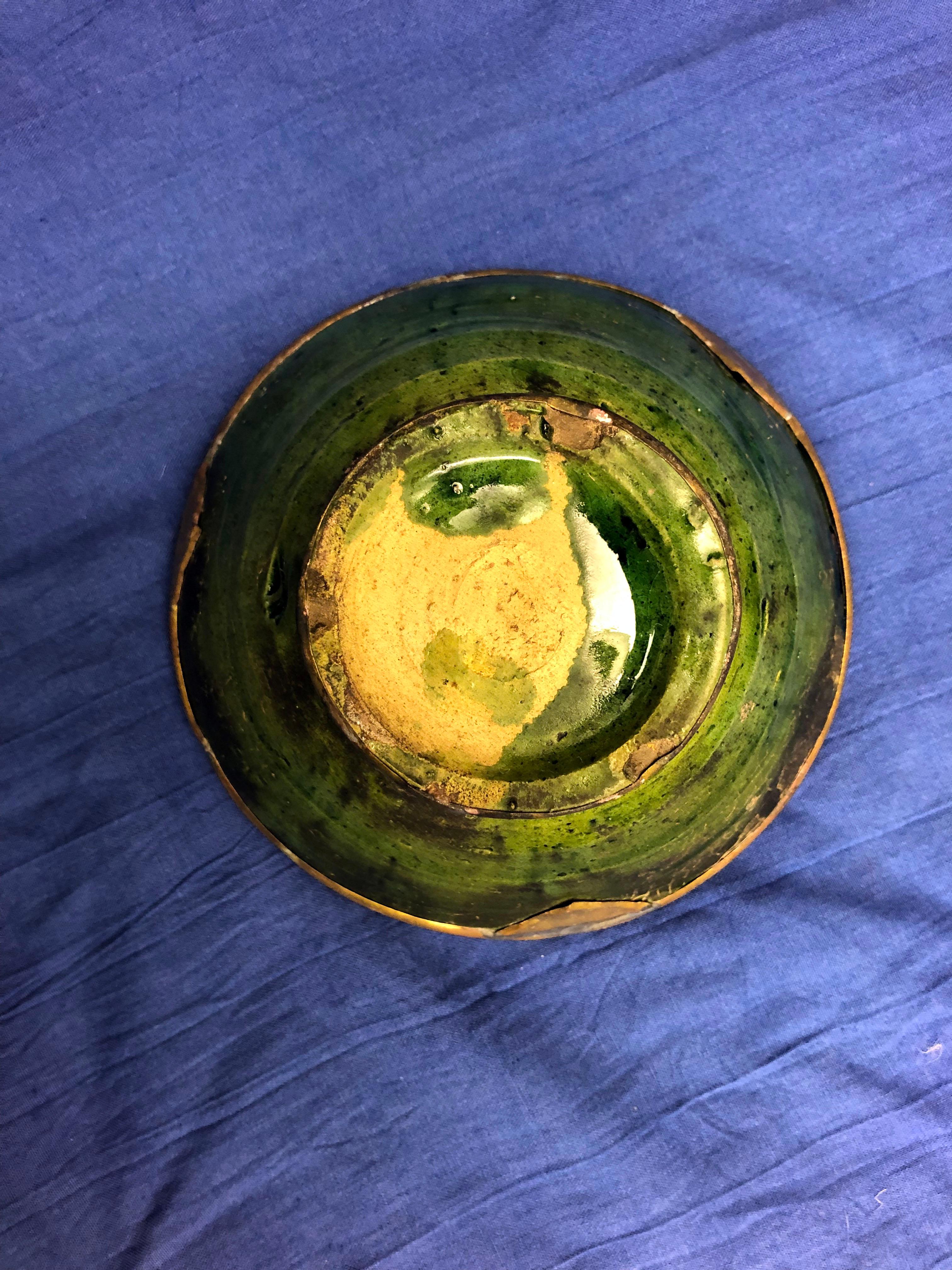 Moroccan Green Pottery Bowl with Brass Rim Handmade in Tamegroute Morocco In New Condition In Vineyard Haven, MA