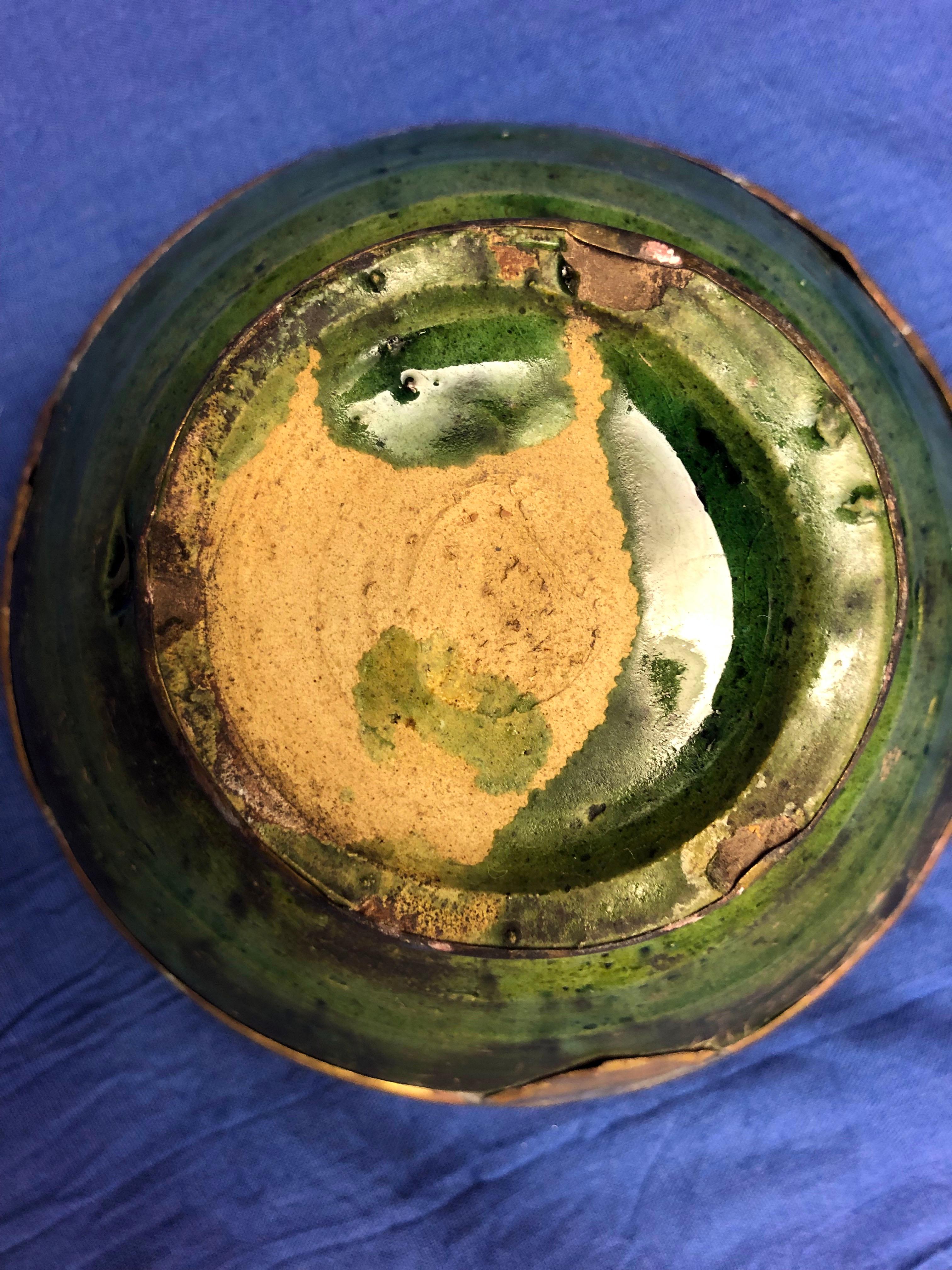 Contemporary Moroccan Green Pottery Bowl with Brass Rim Handmade in Tamegroute Morocco