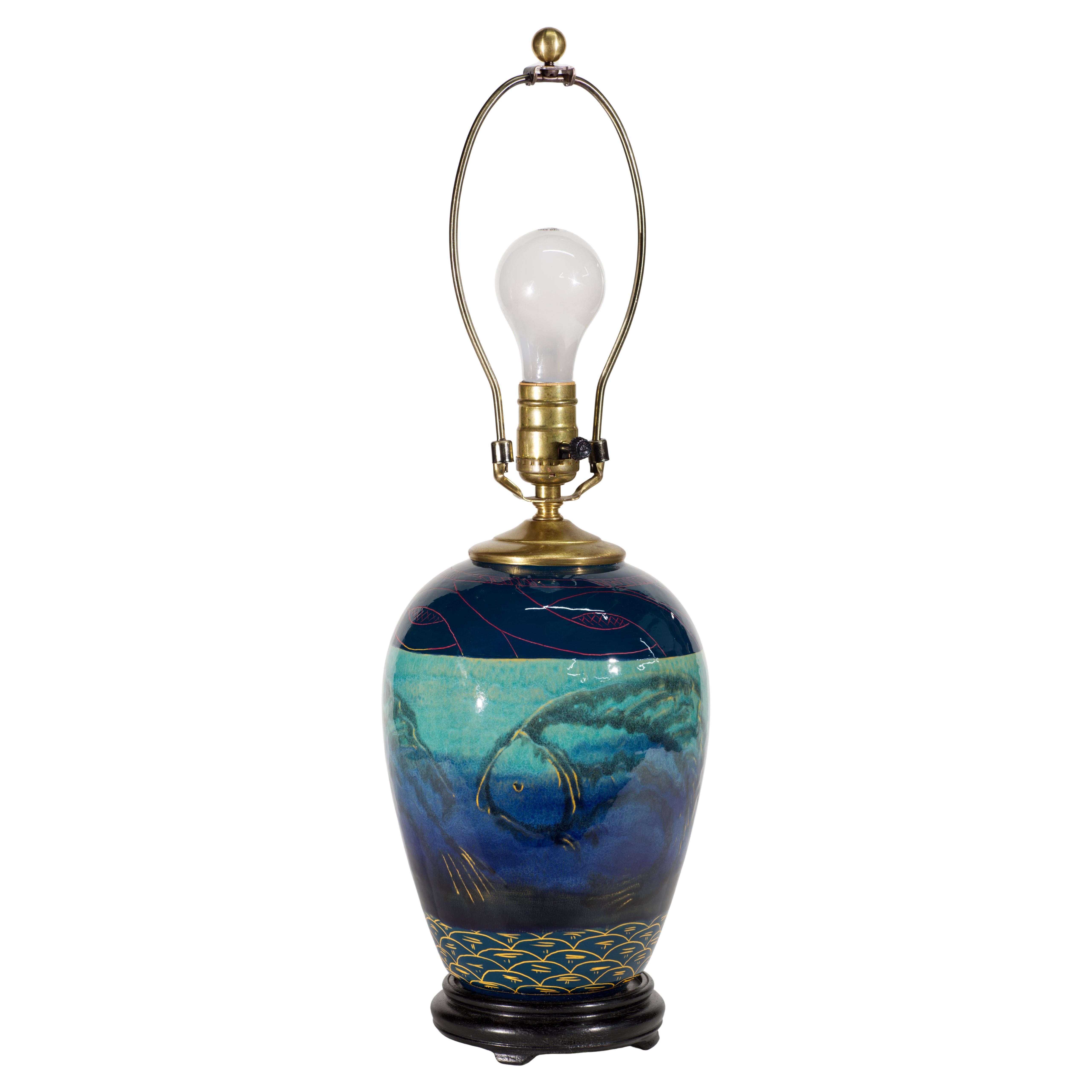 Studio Art Pottery Jar Table Lamp with Sgraffito and Drip Glaze Decor For Sale