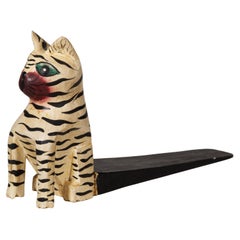 Escultura de Gato de Madera Pintada Tallada de Arte Popular Americano