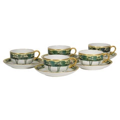 Ensemble de 5 tasses et soucoupes en porcelaine de Limoges peintes à la main, 1906