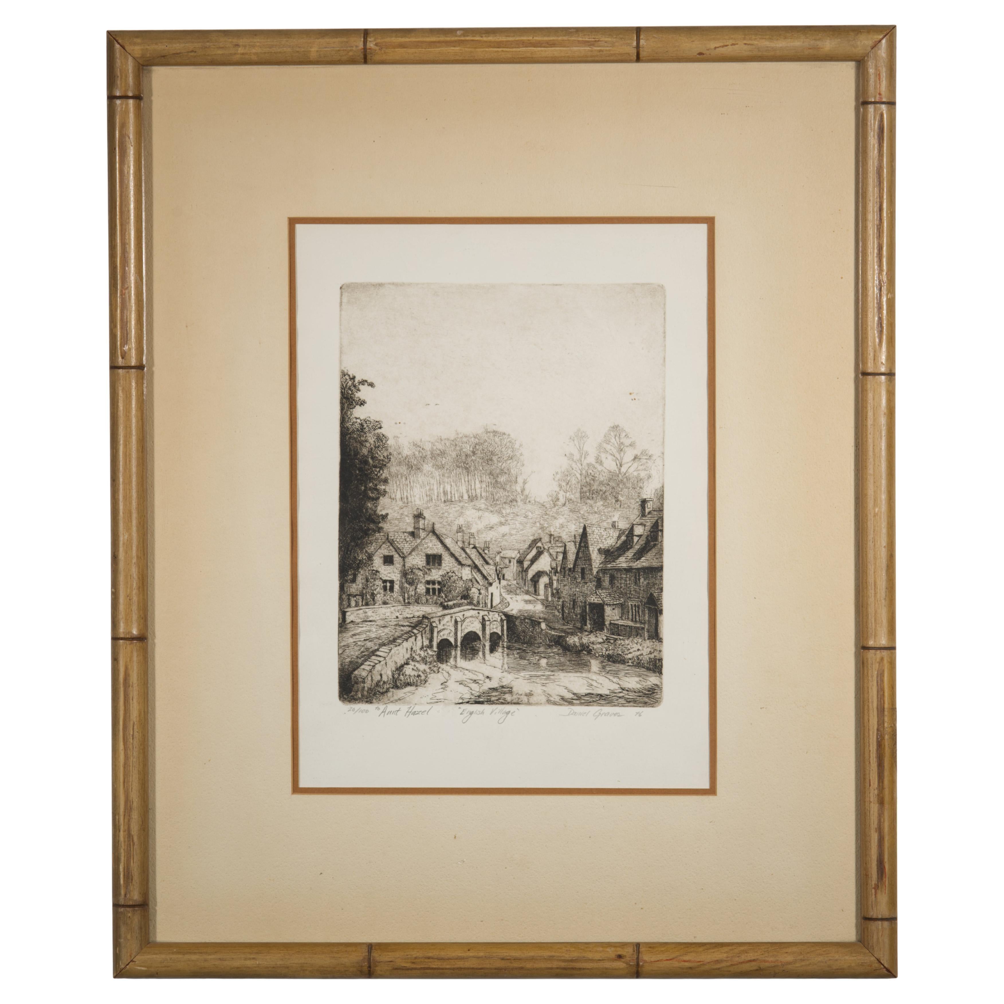 Daniel Graves "Englisches Dorf" Gerahmte Radierung 20/100, 1976 im Angebot