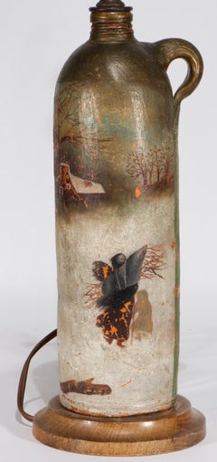 Jarra antigua de gres, pintada a mano, convertida en lámpara de mesa, década de 1850-1878