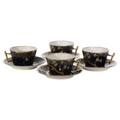 Haviland Limoges Set of 4 Porcelain Cups & Saucers, Cobalt & Gold 1882-1891