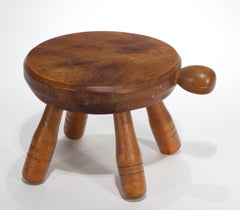 Vintage Low Three Legged Primitive Milking Stool with Handle, 1950s