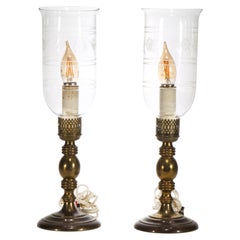 Pair of Brass Candlestick with Hurricane Glass Shades Table Lamps, 1940s