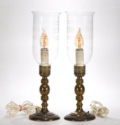 Pair of Brass Candlestick with Hurricane Glass Shades Table Lamps, 1940s