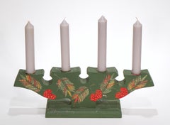 Swedish Folk Art Hand-Painted Wooden Candelabra, Metal Inserts