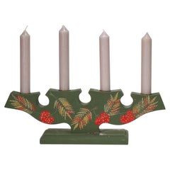 Swedish Folk Art Hand-Painted Wooden Candelabra, Metal Inserts