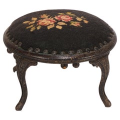 Antique Victorian Round Needlepoint Wood Cast Iron Footstool Stool Ottoman