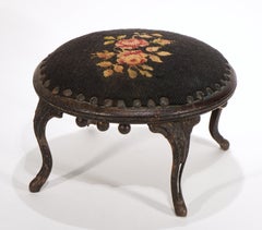 Antique Victorian Round Needlepoint Wood Cast Iron Footstool Stool Ottoman