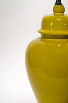 Mustard Yellow Ceramic Urn Table Lamp on Wooden Base, 1950s