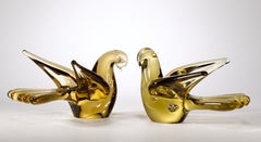 Swedish Art Glass Pair of Birds Doves by FM Konstglas, Glow in UV, Marked