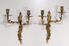 Pair of French Louis XV Rococo Style Bronze Dore Two Arm Sconces