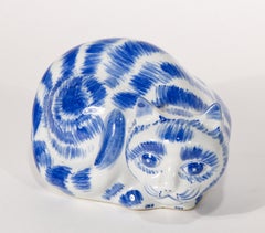 Vintage Porcelain Cat Sculpture, Blue & White Chinoiserie