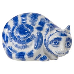Vintage Porcelain Cat Sculpture, Blue & White Chinoiserie