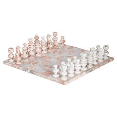 Vintage Marble Chess Set, Carved White Marble & Onyx Pieces and Board