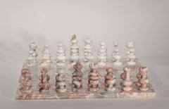 Vintage Marble Chess Set, Carved White Marble & Onyx Pieces and Board