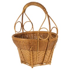 Vintage Split Bamboo Ikebana or Storage Basket, Sculptural Handle