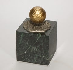 Vintage Golf Ball Sculpture Metal & Green Marble Desk Accessory, 1980s